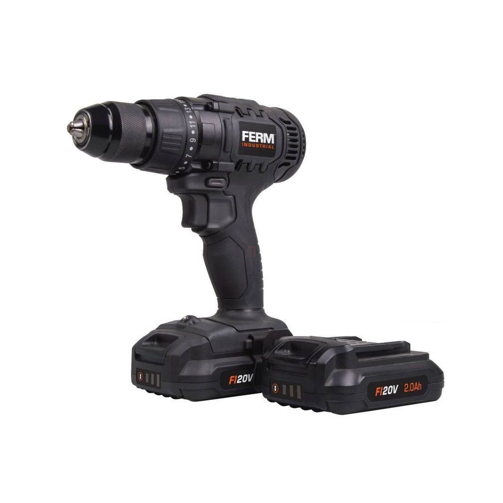 FERM Industrial bormașină industrială cu acumulator, Li-ion 20V, cu 2 acumulatori de 2,0Ah și încărcător de 60 minute CDM1141P