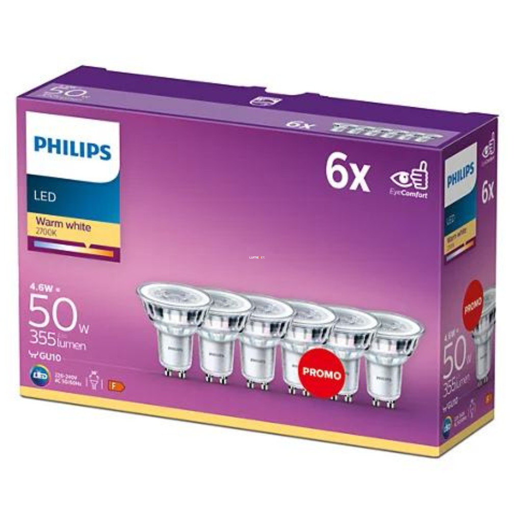 Philips GU10 LED 4,6W 355lm, melegfehér-50 W izzó helyett, 6 darabos