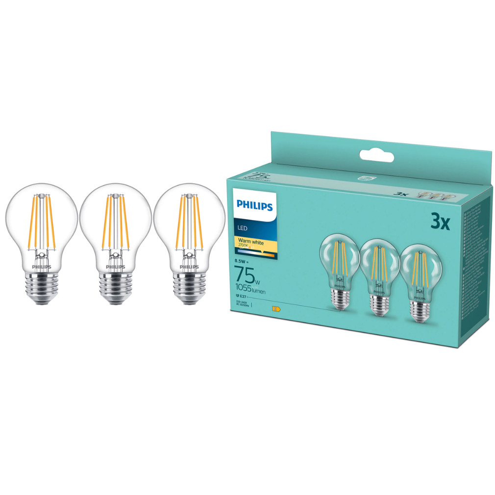 Philips E27 LED classic 8,5W 1055lm, melegfehér-75 W izzó helyett, 3 darabos