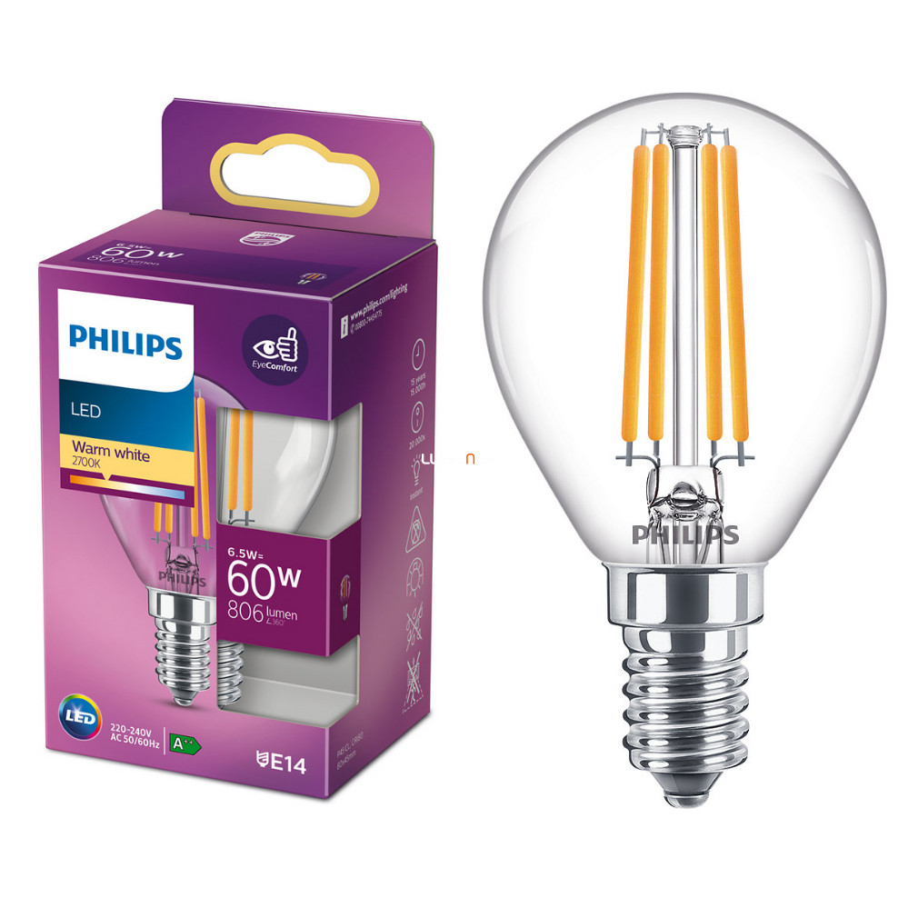 Philips E14 LED 6,5W 806lm 2700K melegfehér kisgömb - 60W izzó helyett