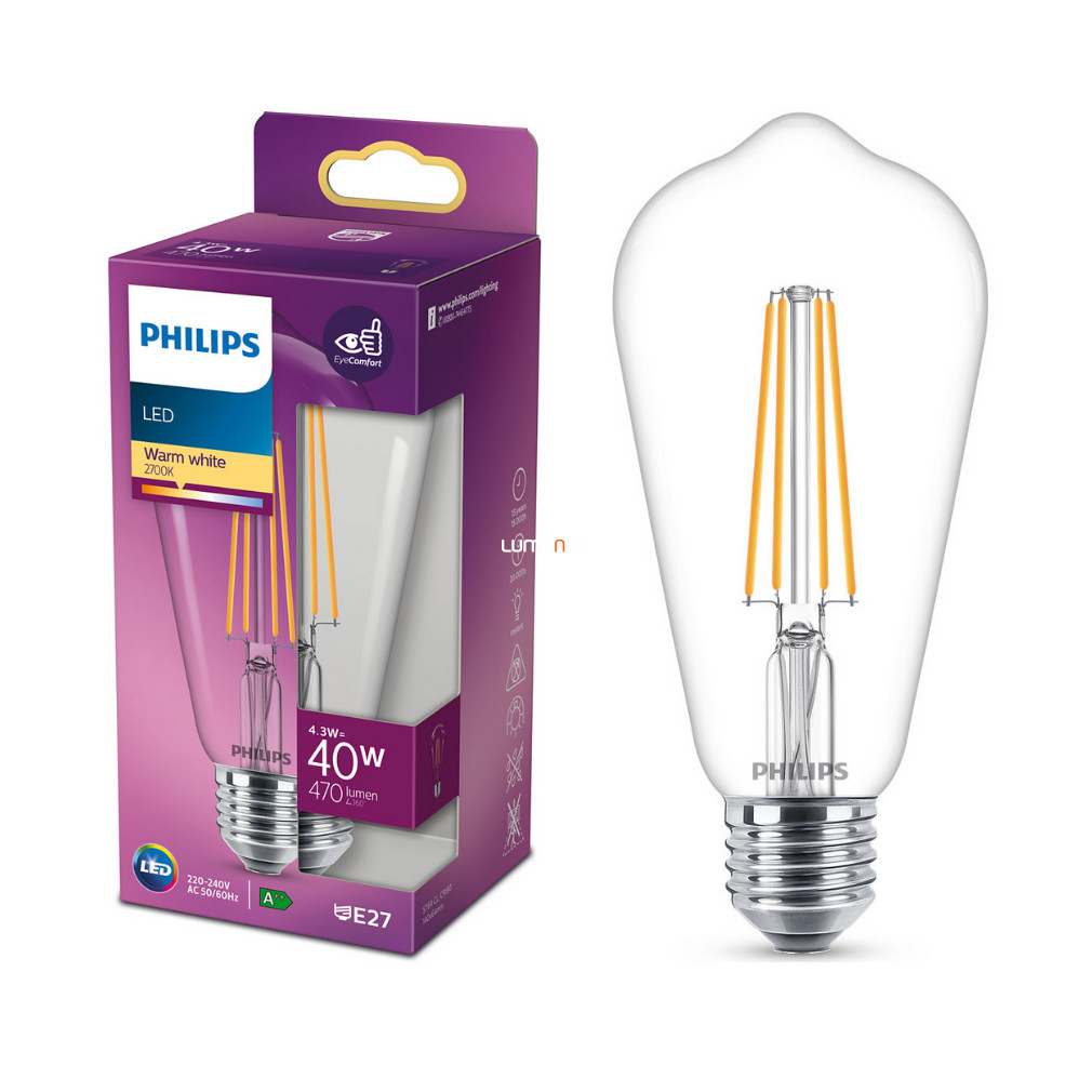 Philips E27 LED Edison 4.3W 470lm 2700K alb cald - înlocuire bec 40W