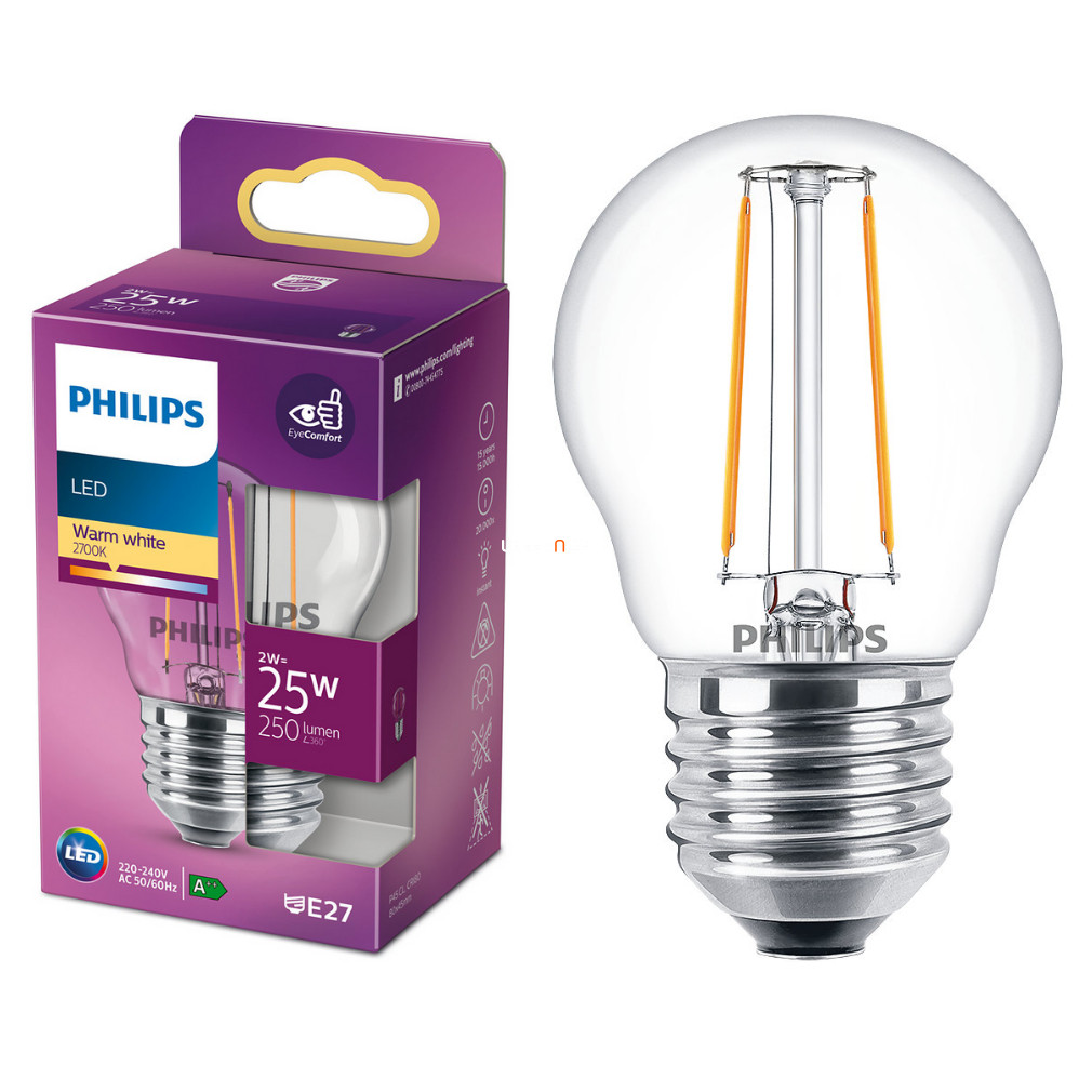 Philips E27 LED 2W 250lm 2700K alb cald glob mic - înlocuiește becul de 25W