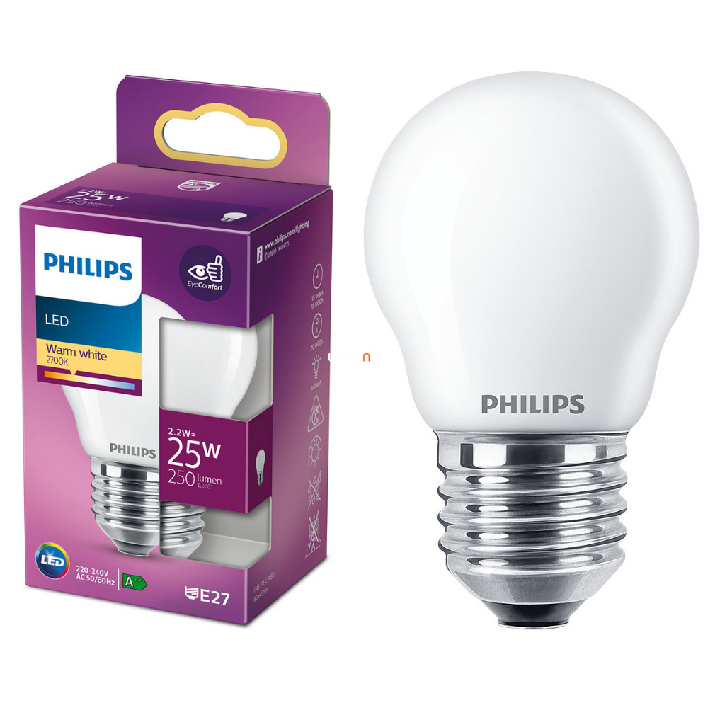 Philips E27 LED 2.2W 250lm 2700K alb cald opal glob mic - înlocuiește becul de 25W