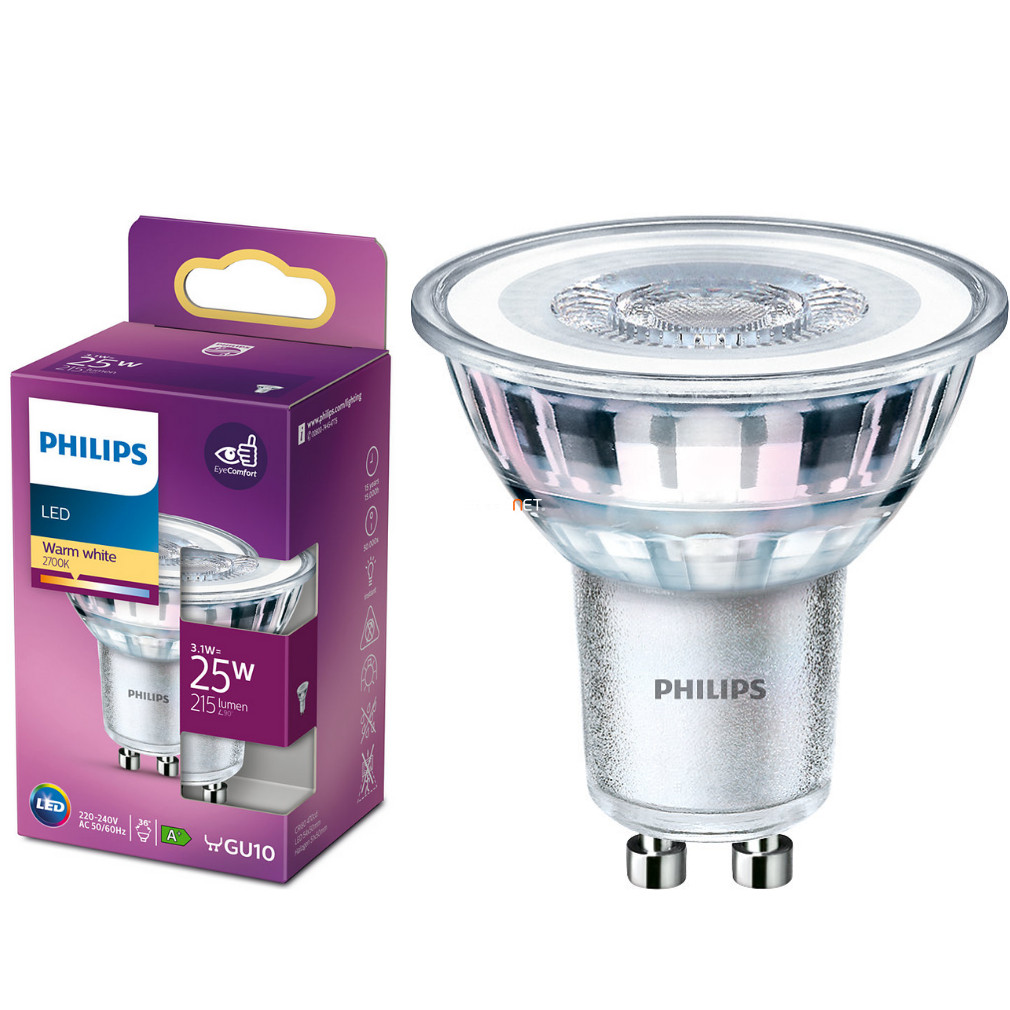 Philips GU10 LED 3.1W 215lm 2700K alb cald 36° - înlocuiește becul de 25W