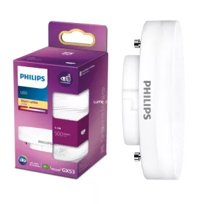   Philips GX53 LED 5,5 W, 500 lm, 2700 K, alb cald – în locul unui bec incandescent de 27 W