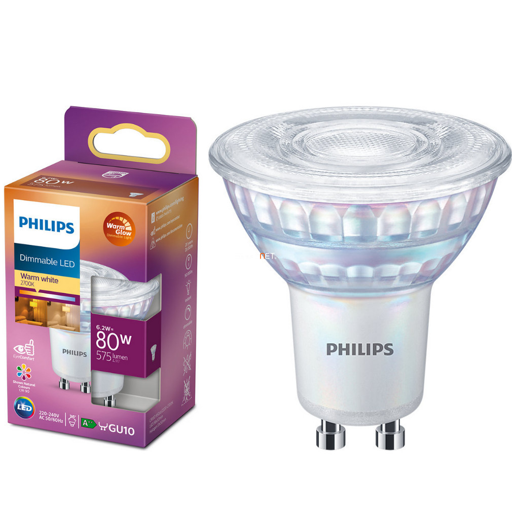 Philips LED GU10 alb cald reglabil, înlocuiește becul de 80 W