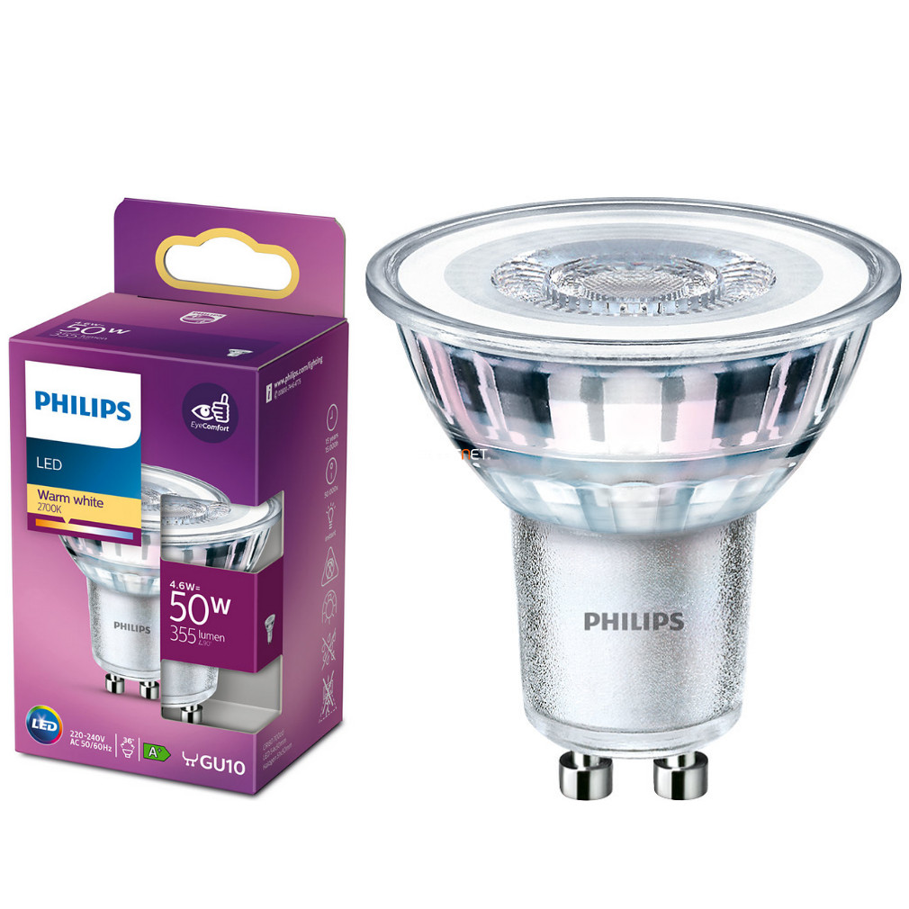 Philips GU10 LED 4.6W 355lm 2700K alb cald 36° - înlocuire bec 50W