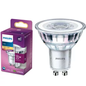   Philips GU10 LED 3,5 W, 255 lm, 2700 K, alb cald, unghi de 36° – în locul unui bec incandescent de 35 W