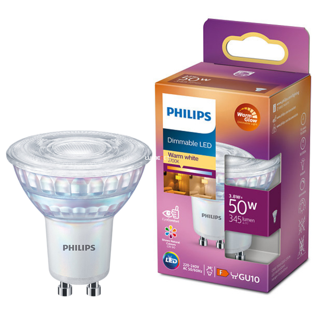 Philips GU10 LED 3.8W 345lm CRI90 2200-2700K WarmGlow DIM, 36°- 50W înlocuire bec