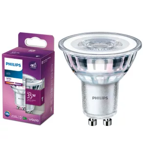   Philips GU10 LED 3,5 W, 265 lm, 3000 K, 36° – în locul unui bec incandescent de 35 W