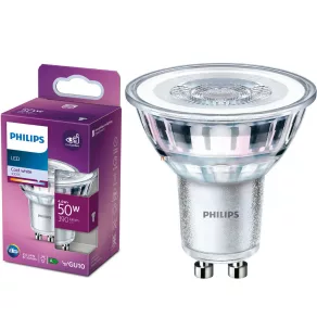   Philips GU10 LED 4,6 W, 390 lm, 4000 K, alb rece, unghi de 36° – în locul unui bec incandescent de 50 W
