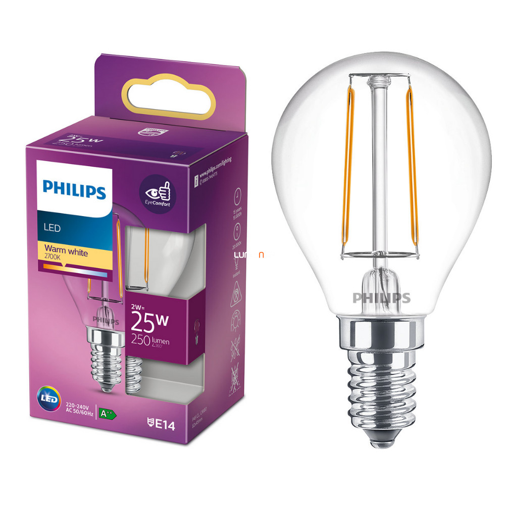 Philips E14 LED 2W 250lm 2700K glob alb cald - înlocuiește becul de 25W