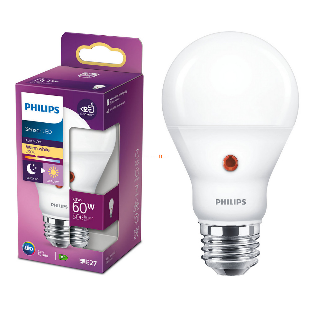 Philips E27 LED 7,5W 806lm 2700K alb cald cu senzor de lumină cu pornire/oprire automată - înlocuiește becul de 60W