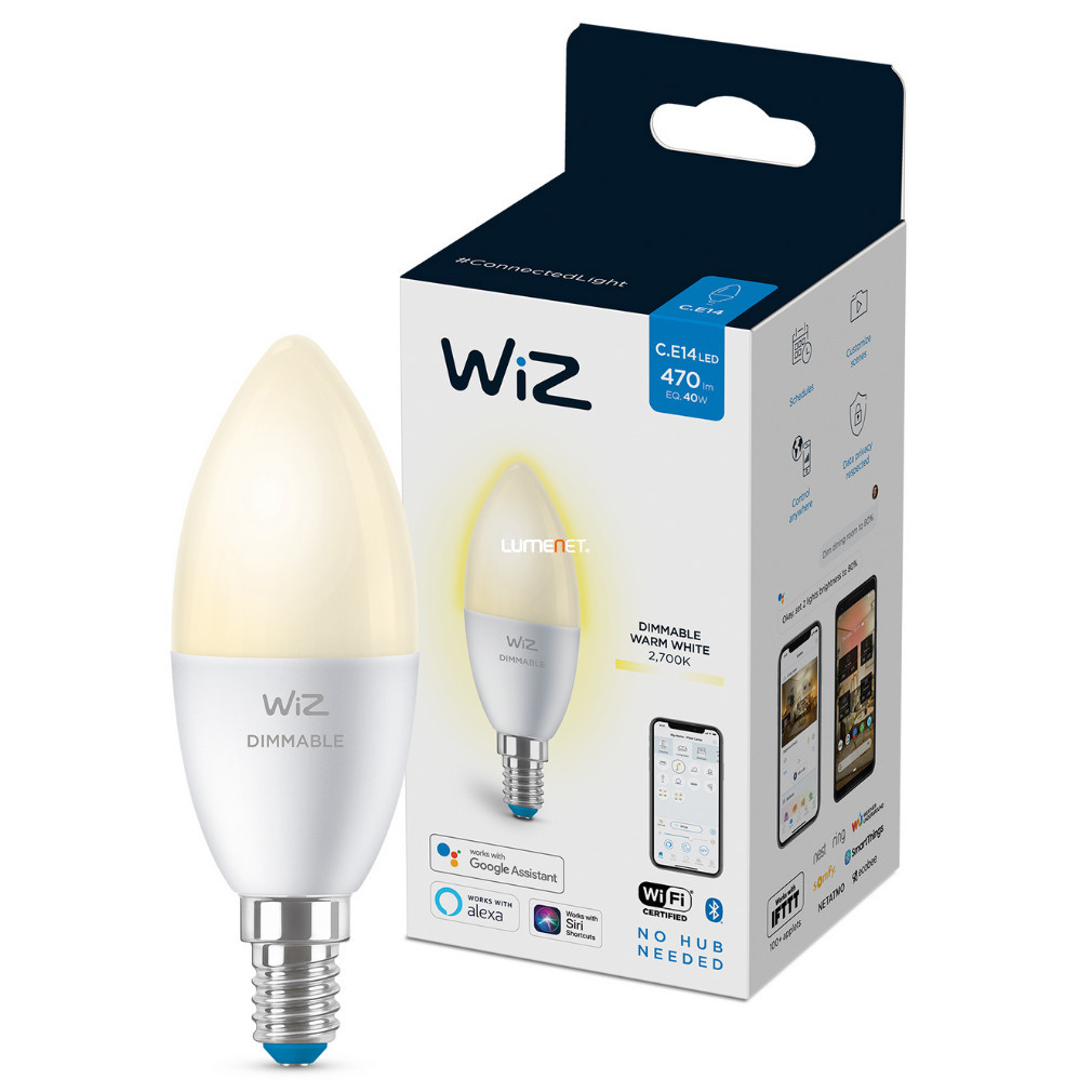 WiZ Wi-Fi C37 E14 LED 4,9W 470lm CRI90 2700K szabályozható - 40W izzó helyett