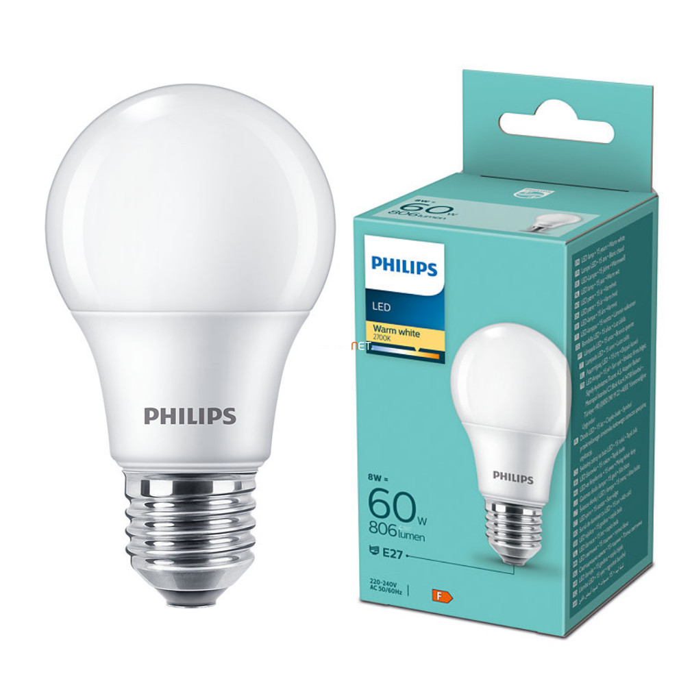 Philips E27 LED 8W 806lm 2700K alb cald 180° - înlocuiește becul de 60W