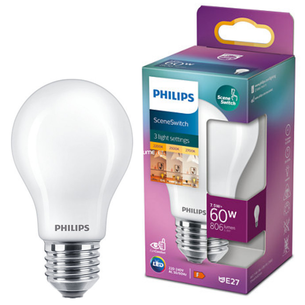 Philips E27 LED 7,5W 806/320/150lm 2200-2700K opal SceneSwitch cu comutator standard reglabil