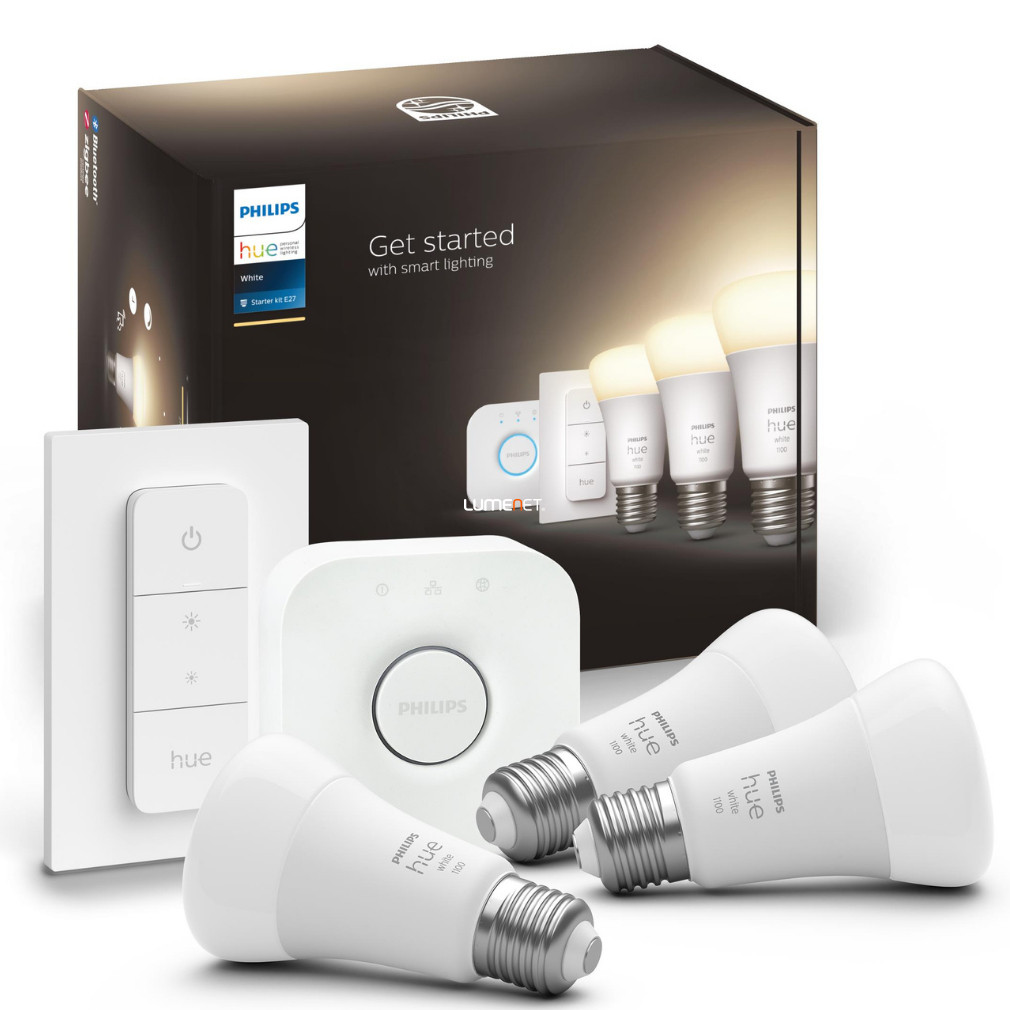 Philips Hue White 9,5W 2700K E27 LED fényforrás, 3db/csomag + Hue bridge + DIM Switch