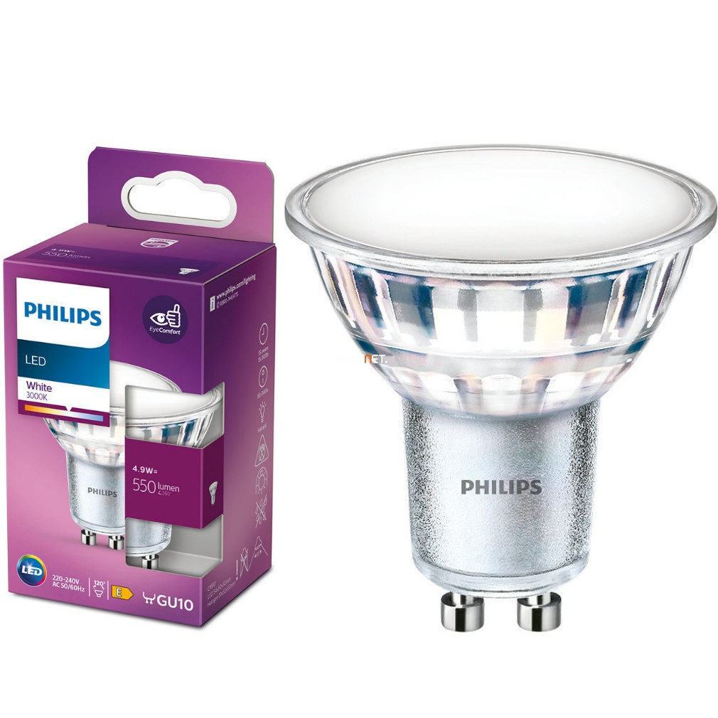 Philips GU10 LED 4,9W 550lm 3000 K 120° - înlocuire bec 65W