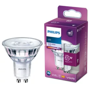   Philips GU10 LED 4,9 W, 485 lm, 4000 K, alb rece, unghi de 36° – în locul unui bec incandescent de 65 W