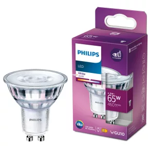   Philips GU10 LED 4,9 W, 460 lm, 3000 K, 36° – în locul unui bec incandescent de 65 W