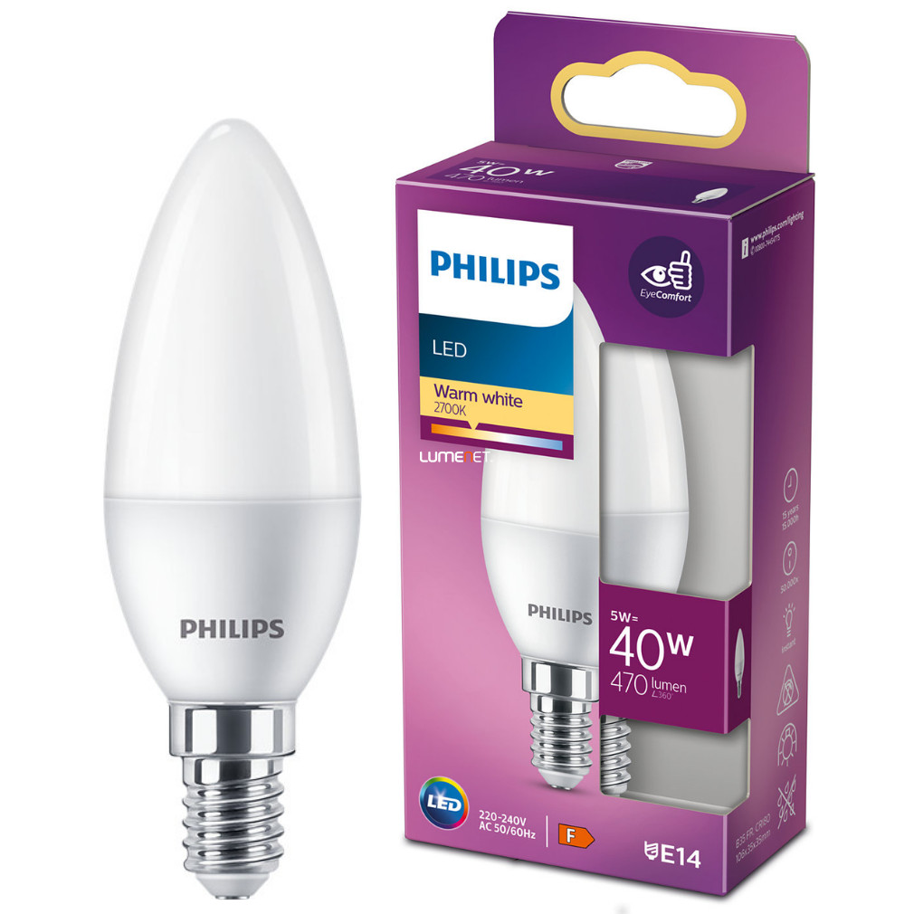 Lumânare LED Philips E14 5W 470lm 2700K alb cald - înlocuiește becul de 40W