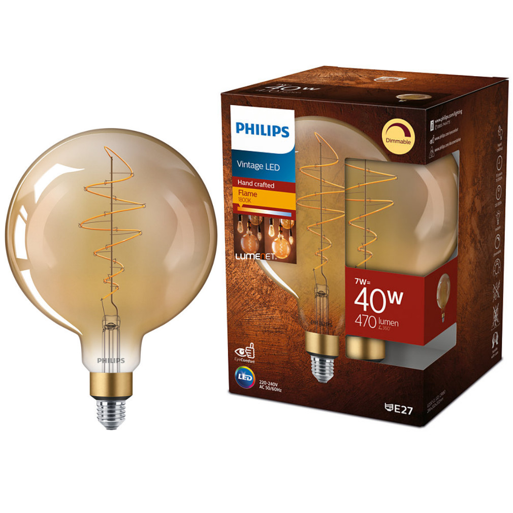 Philips E27 Vintage-Gold LED 7W 470lm 2000K alb cald, reglabil, D200mm - înlocuire bec 40W