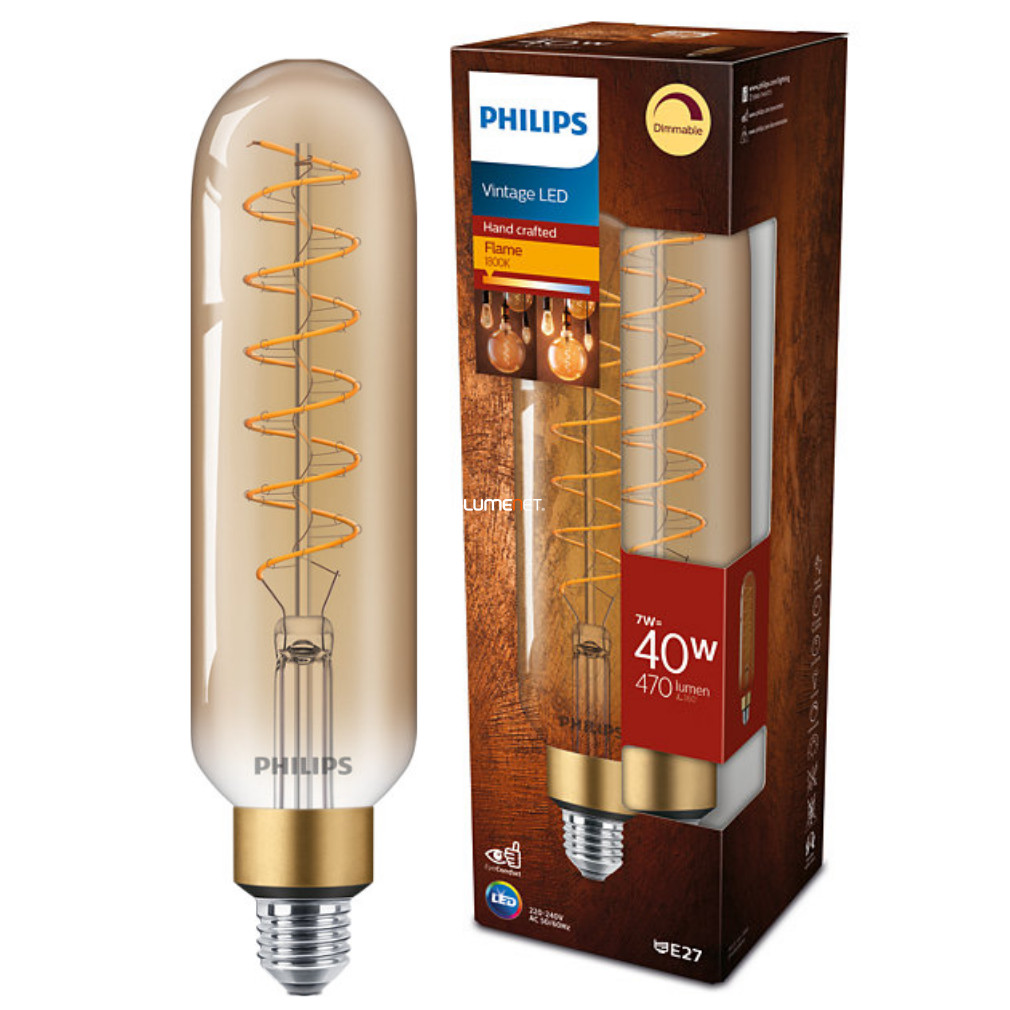 Philips E27 Vintage-Gold LED 7W 470lm 1800K alb cald, reglabil, T65 - înlocuire bec 40W