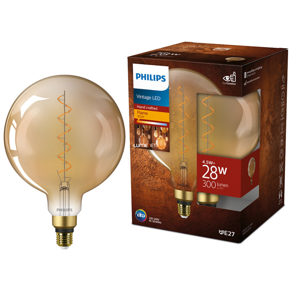 Philips E27 Vintage LED 4.5W 300lm 1800K alb cald D200mm - înlocuire bec 28W