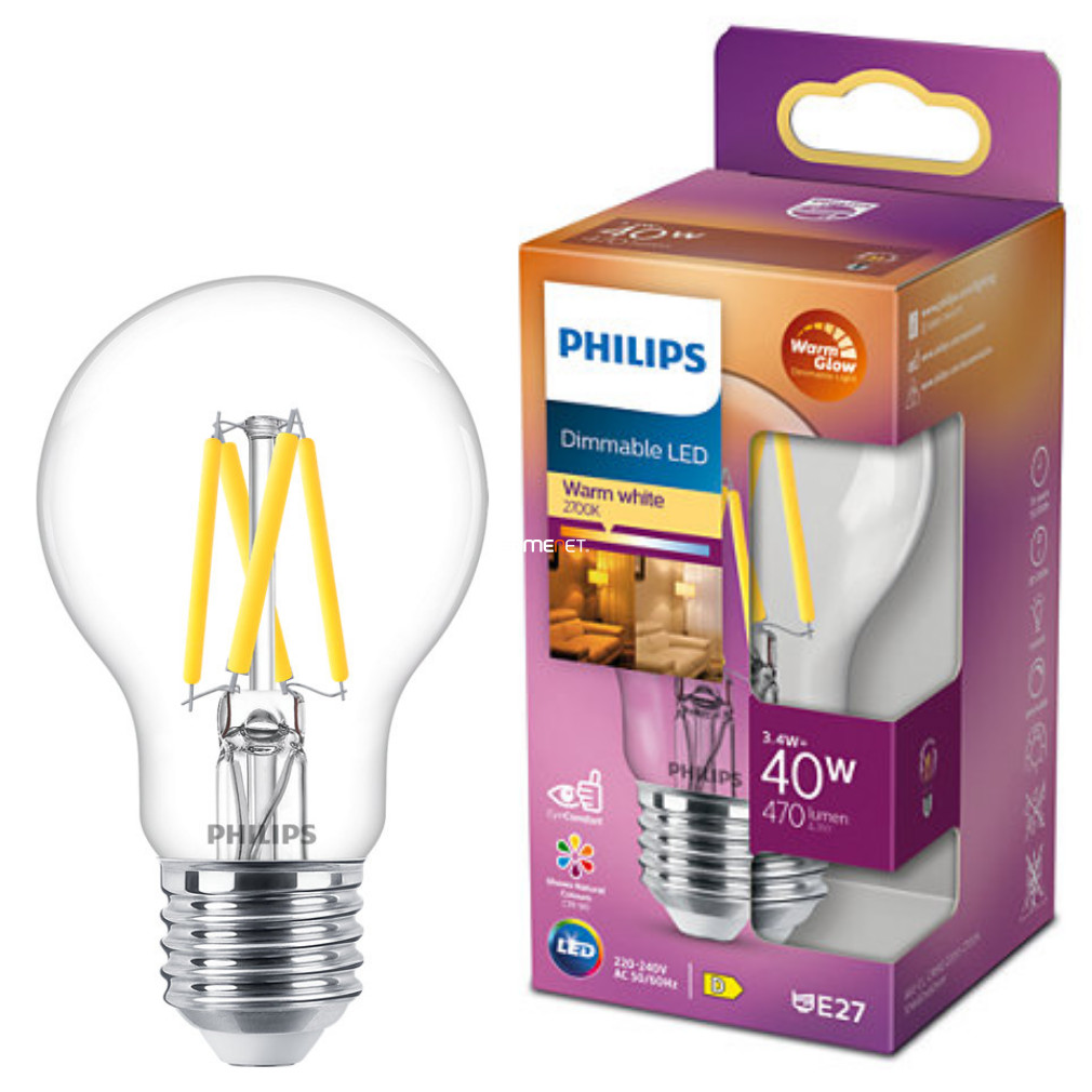 Philips E27 LED apă limpede 3.4W 470lm alb extra cald - înlocuire bec 40W (Calssic WarmGlow)