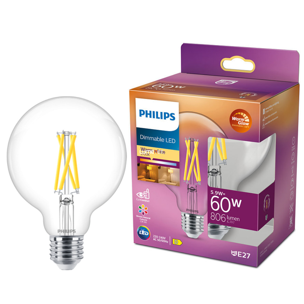 Philips E27 LED 5.9W 806lm 2200-2700K WarmGlow G93 - înlocuire bec 60W