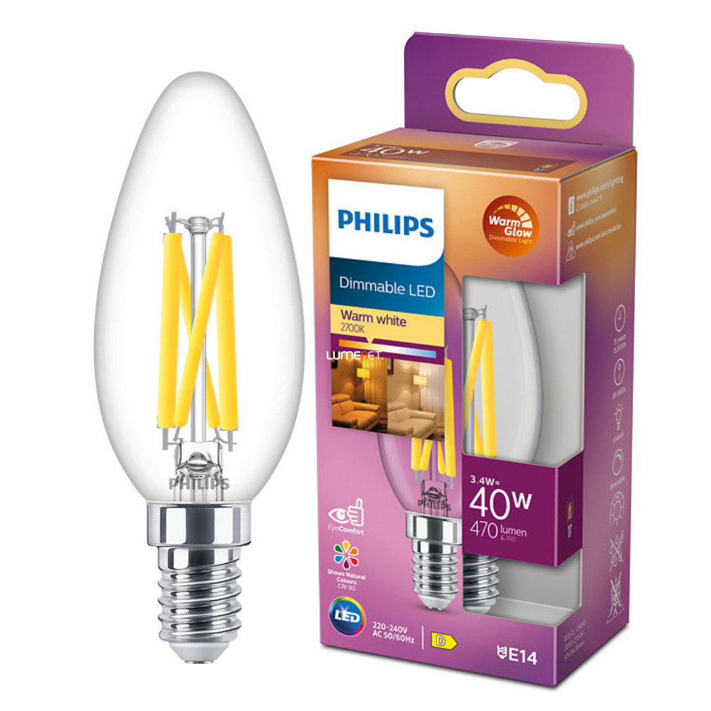 Lumânare LED Philips E14 3,4W 470lm alb extra cald reglabil - înlocuire bec 40W (Calssic WarmGlow)