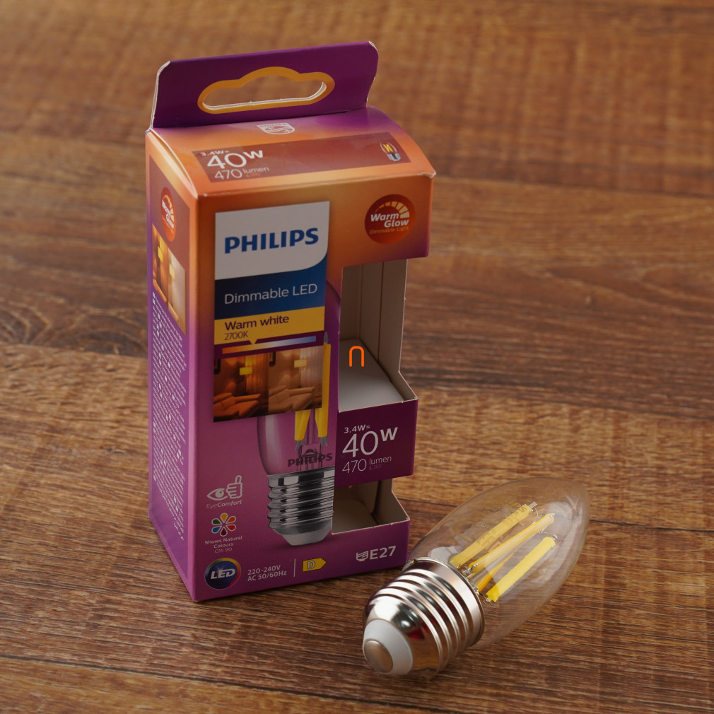 Philips E27 LED lumânare transparentă 3,4W 470lm alb extra cald - înlocuiește becul de 40W (Calssic WarmGlow)