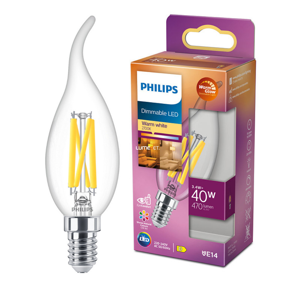 Philips E14 LED lumânare apă clară 3.4W 470lm extra alb cald reglabil - înlocuire bec 40W (Calssic WarmGlow)