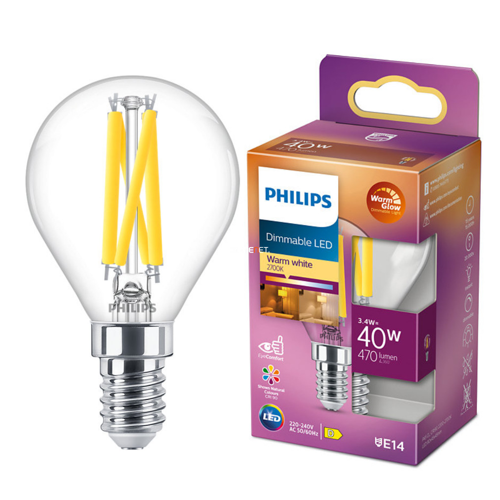 Philips E14 LED glob clar 3.4W 470lm extra alb cald - înlocuire bec 40W (Calssic WarmGlow)