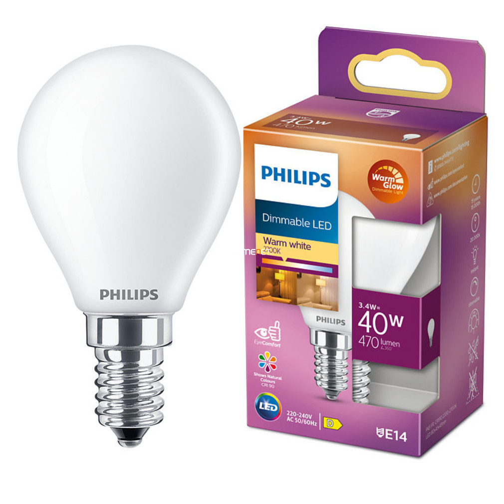 Philips E14 LED glob mic 3,4W 470lm extra alb cald - înlocuire bec 40W (Calssic WarmGlow)