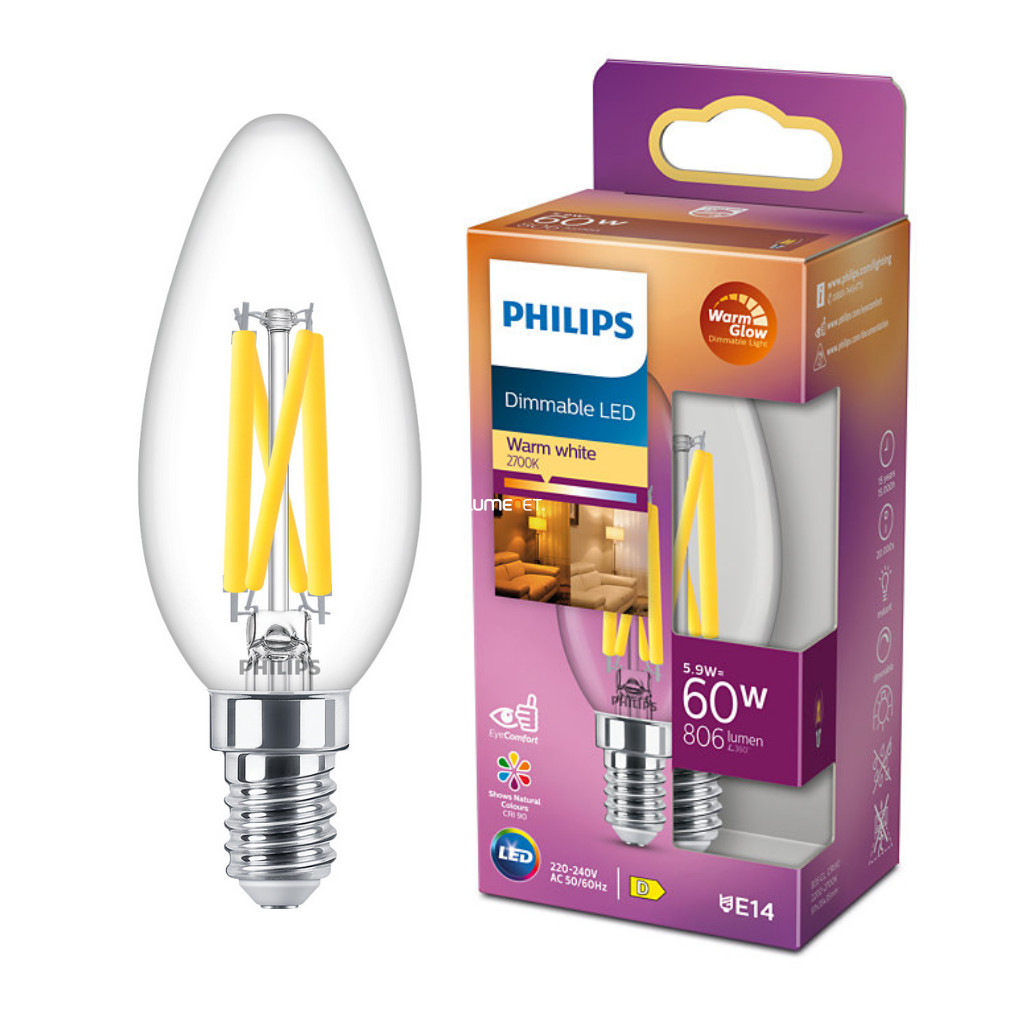 Philips E14 LED lumânare apă clară 5.9W 806lm extra alb cald - înlocuire bec 60W (Calssic WarmGlow)