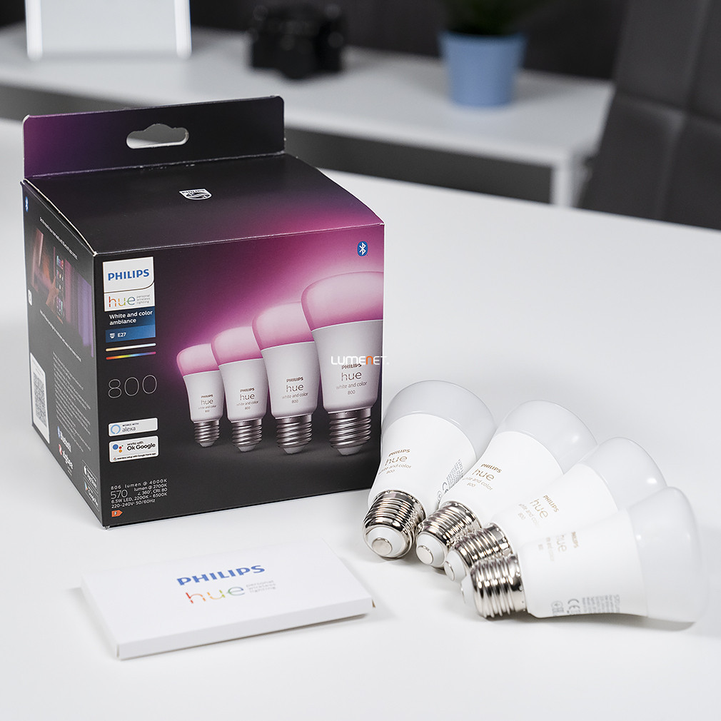 Philips Hue White and Color Ambiance LED inteligent E27, alb rece/alb cald, 6,5 W, 4 buc./pachet