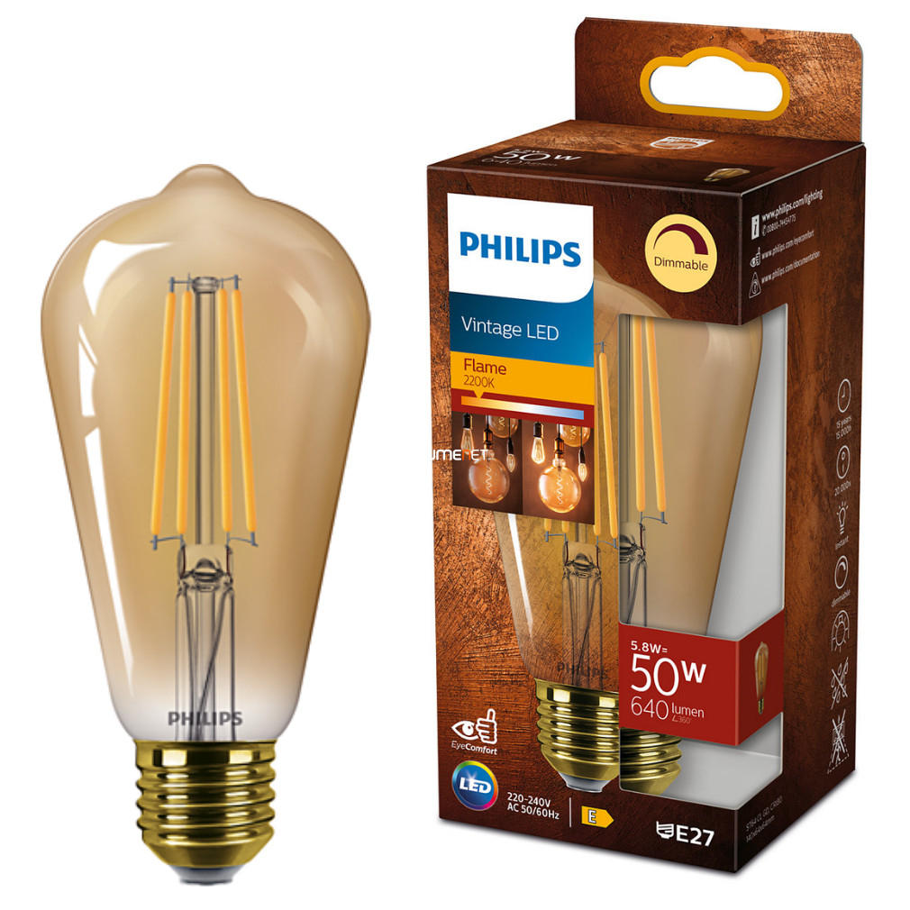 Philips E27 Vintage Edison LED 5.8W 640lm 2200K alb cald, reglabil - înlocuire bec 50W