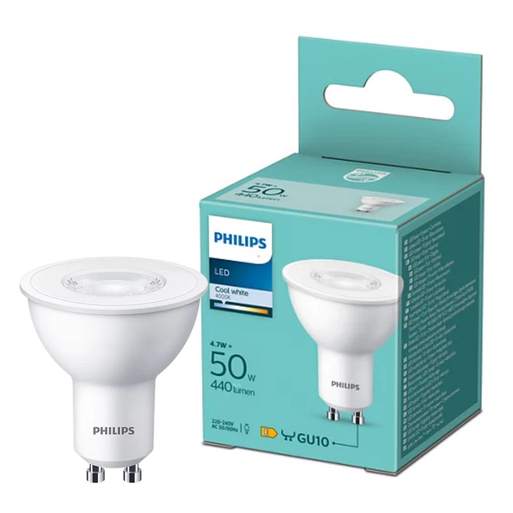 Philips GU10 LED 4.7W 380lm, alb rece-50W înlocuire bec