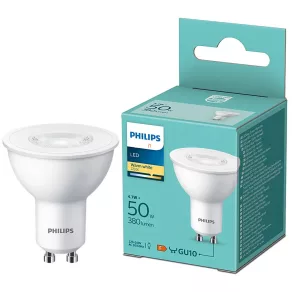  Philips GU10 LED 4,7 W, 380 lm, 2700 K, alb cald – în locul unui bec incandescent de 50 W