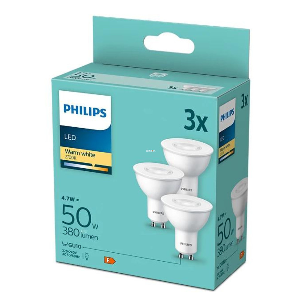 Philips GU10 LED 4,7W 380lm, alb cald în loc de bec de 50 W, 3 bucăți