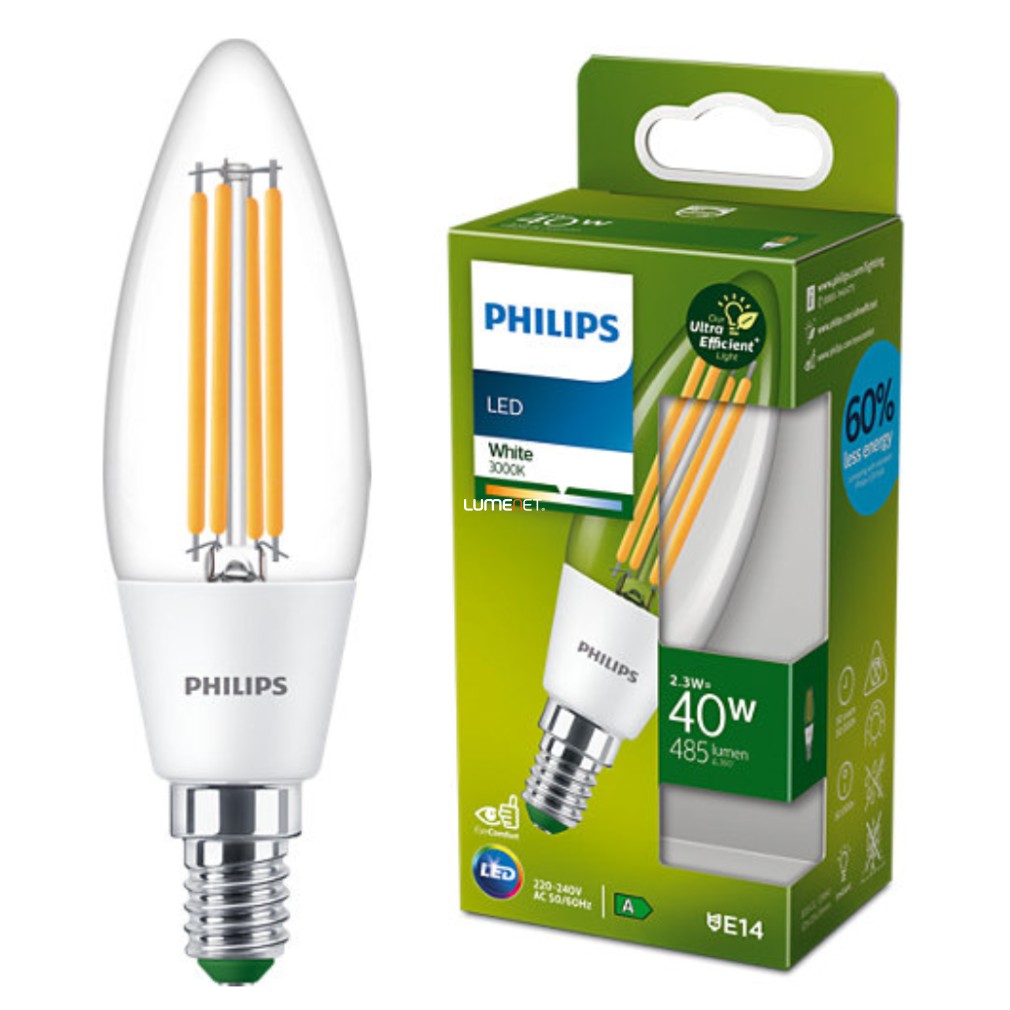 Philips E14 LED ultra eficient 2.3W 485lm 3000K alb cald - înlocuire bec 40W