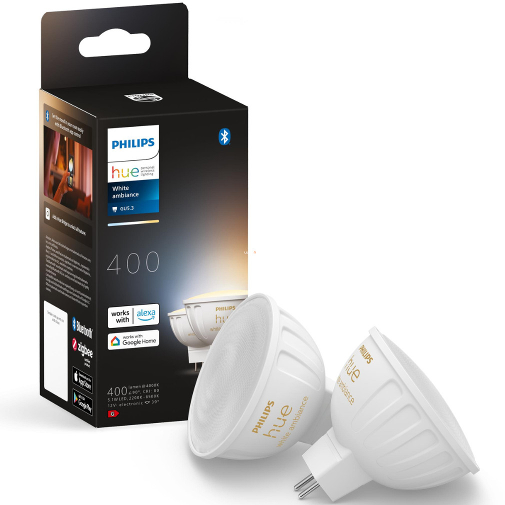 Philips Hue GU5.3 MR16 LED 5,1 W, alb cald și rece, 2 bucăți (White Ambience)