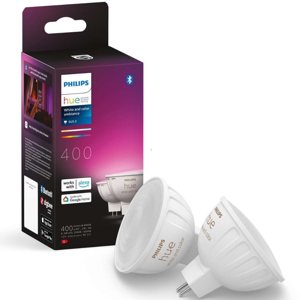 Philips Hue GU5.3 MR16 RGBW LED 6,3 W, alb galben rece, 2 bucăți (ambianță albă și colorată)