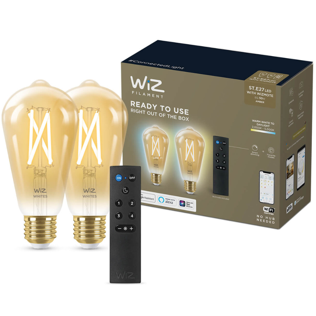 WiZ smart E27 filament LED cu telecomandă, formă Edison, 2000-5000 K, înlocuire bec 50 W, 2 bucăți