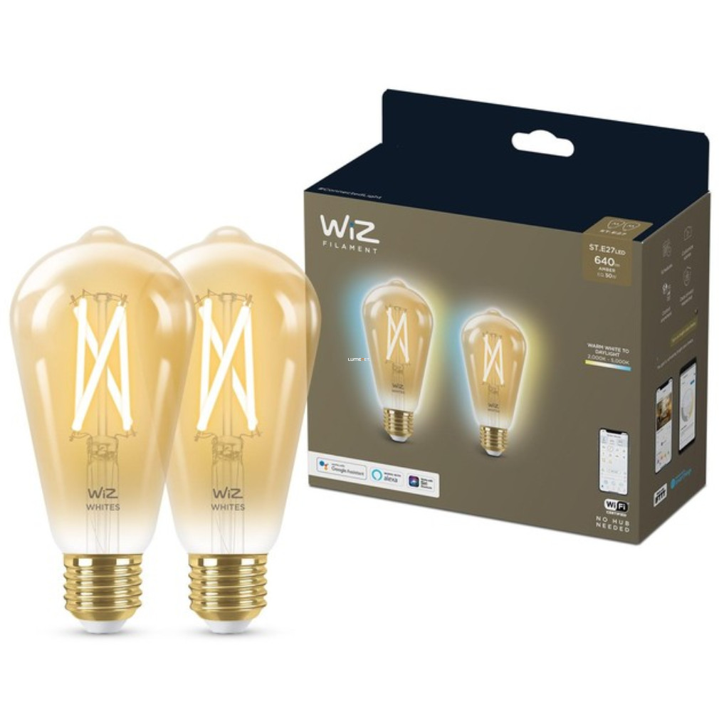 WiZ smart E27 filament LED, formă Edison, 2000-5000 K, înlocuire bec 50 W, 2 bucăți