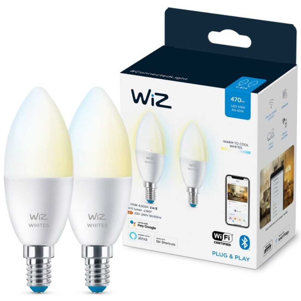 WiZ smart E14 LED, formă de lumânare, 2200-6500 K, înlocuiește becul de 40 W, 2 bucăți