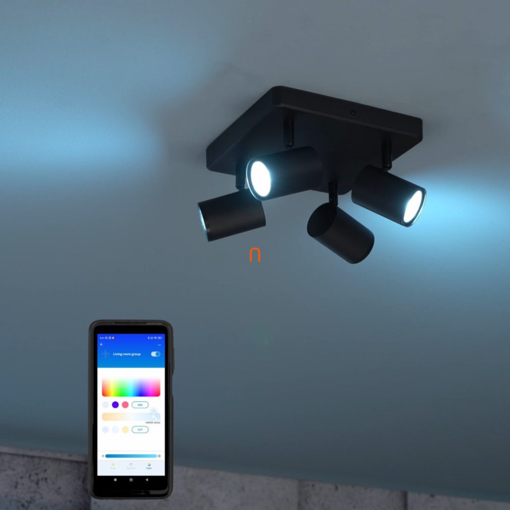 WiZ Imageo Wi-Fi, Bluetooth 4x5W 1380lm RGBW spot de tavan, pătrat, negru