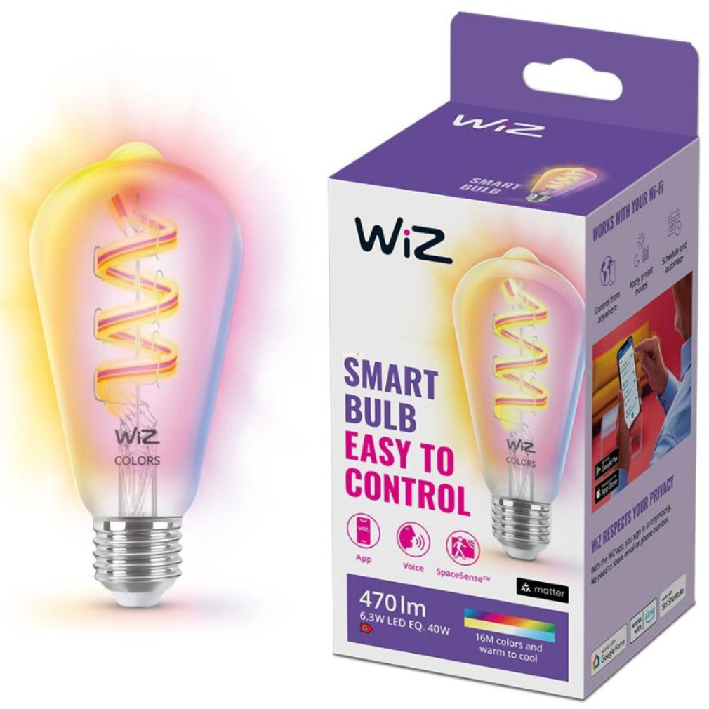 WiZ smart E27 RGBW filament LED, formă Edison, 2200-6500 K, înlocuire bec 40 W (RGBW)