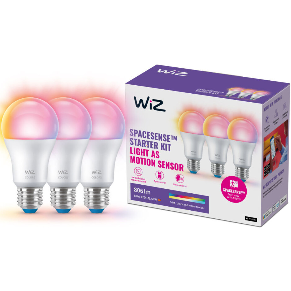 WiZ smart E27 LED, 2200-6500 K, înlocuiește becul de 60 W, 3 bucăți (RGBW)